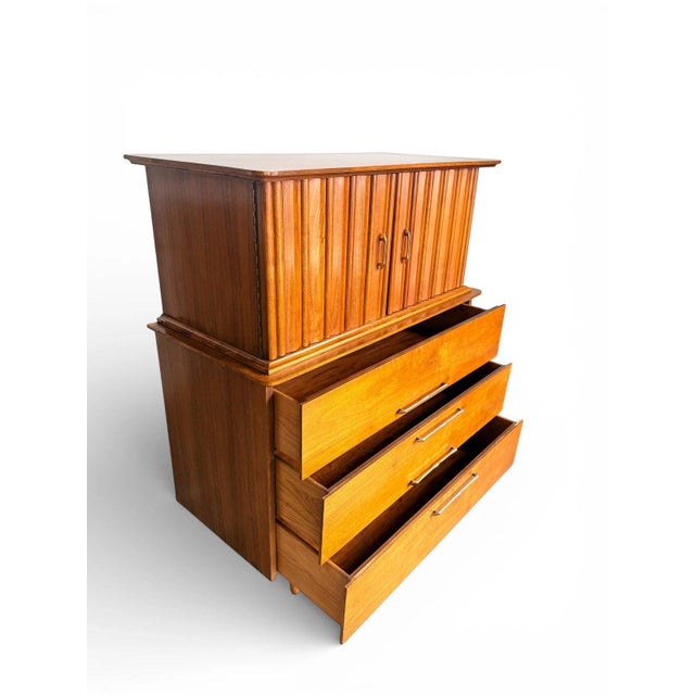 Mid-Century Modern Young Manufacturing Mid Century Walnut Highboy Dresser, Attributed For Sale - Image 3 of 13