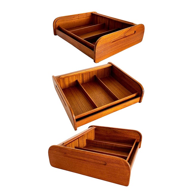 Mid-Century Modern Mid 20th Century Teak Wood Tambour Desk Top Organizer Box For Sale - Image 3 of 12