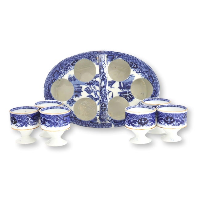 Antique English Willow Porcelain 6 Egg Cup Set w/ Handled Stand For Sale - Image 4 of 6
