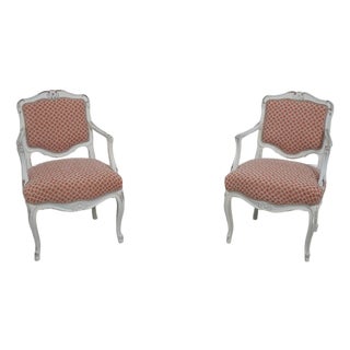 Pair Petite French Louis XV White Chic Upholstered Armchairs For Sale