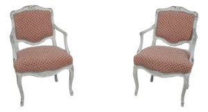 Pair Petite French Louis XV White Chic Upholstered Armchairs