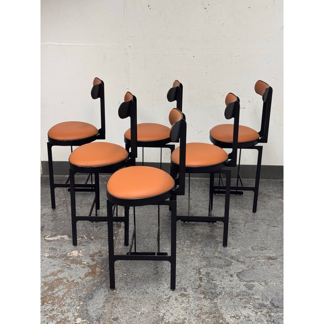 Michael Oren Design Custom Porter Place Style Swivel Faux Leather Counter Stools, Set of Six For Sale - Image 4 of 12