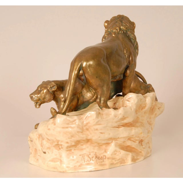 Gold Antique Porcelain Sculpture Lions Signed Viennese Porcelain Group Gold Beige For Sale - Image 8 of 18