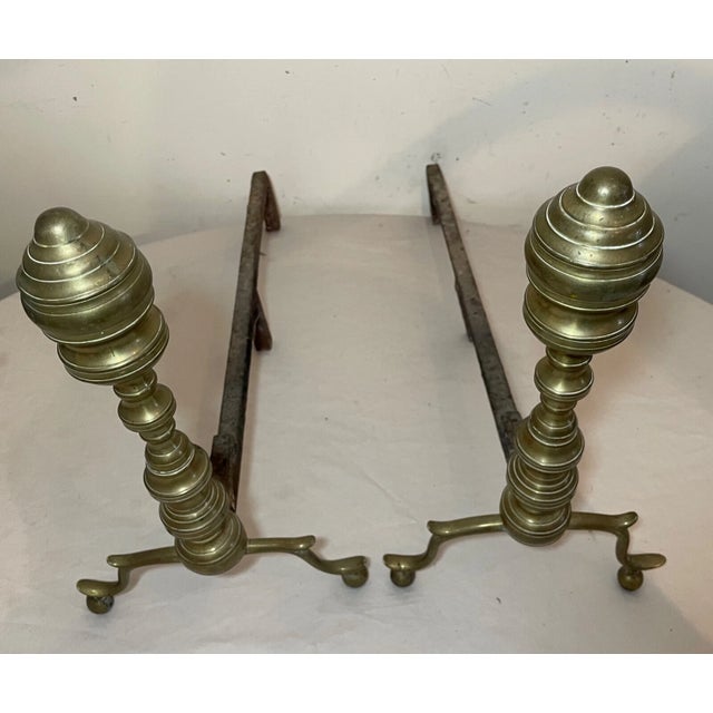Pair of Turned 18th Century Peened Brass Wrought Iron Georgian Andirons 1700's For Sale - Image 9 of 15