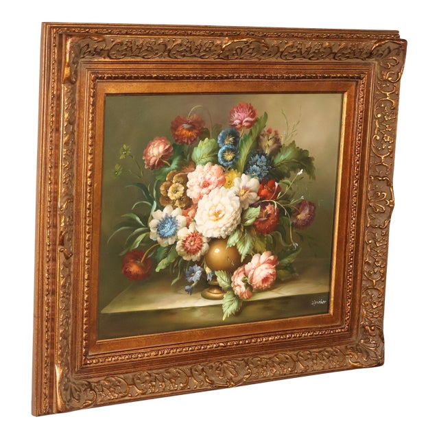 Oil Painting Botanical Still Life in Carved Wood Gold Leaf Frame Signed Heather For Sale