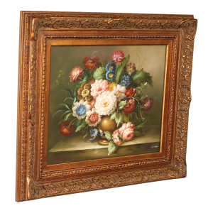 Oil Painting Botanical Still Life in Carved Wood Gold Leaf Frame Signed Heather