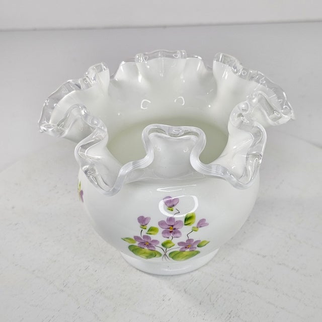 White Vintage Fenton Violets in the Snow Double Crimped Vase Rose Bowl For Sale - Image 8 of 8