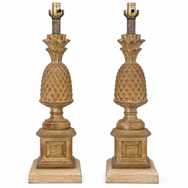 Mid-Century Regency Style Carved & Cerused Pineapple Table Lamps Att. To Chapman, Pair For Sale - Image 9 of 9
