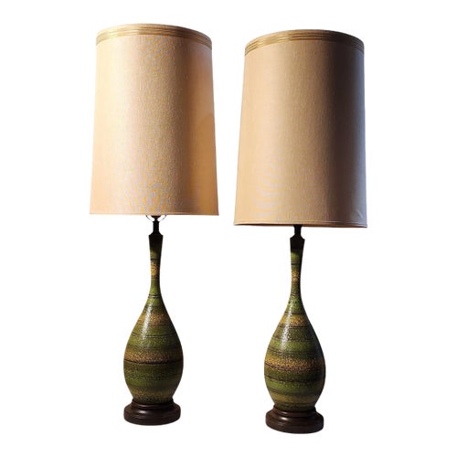 Mid Century Modern Tall Striped Ceramic Table Lamps With Shades