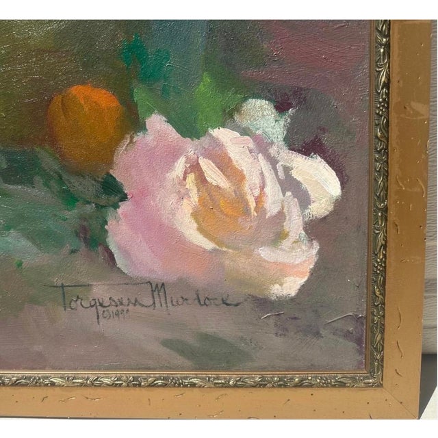 1999 Large Torgesen Murdock “Still Life W/ Peonies & Summer Fruit” Oil on Board For Sale - Image 13 of 18