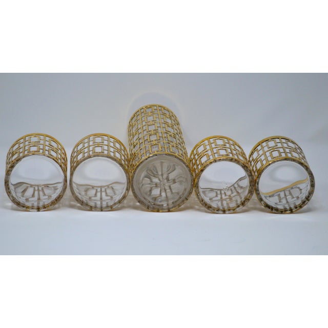 1960s 1960s Imperial Glass Shoji Trellis 22 Carat Gold Plated Bud Vase Cocktail Glasses Mixer Set - Set of 5 For Sale - Image 5 of 12