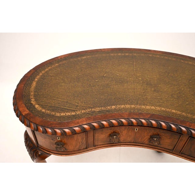 1900 - 1909 Antique Burr Walnut Leather Top Kidney Shaped Desk, 1900 For Sale - Image 5 of 11