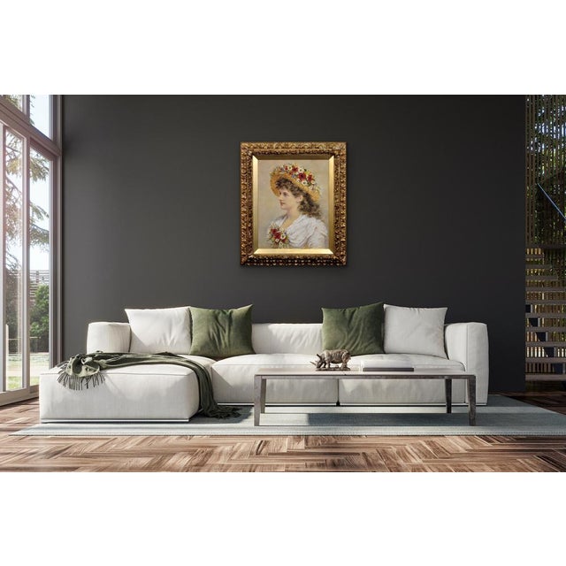 Alice Anne Renshaw, Young Lady with Summer Meadow Flowers in Her Straw Hat, Watercolour & Gouache Painting, 1800s, Framed For Sale - Image 13 of 18