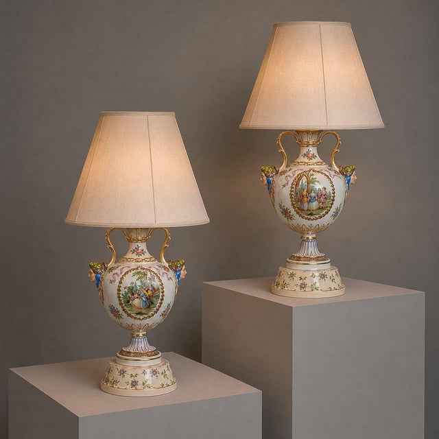 Regency Style, Urn Table Lamps, Porcelain, Painted Wood, France, 20th c. Pair of paint decorated porcelain lamps. Possible...