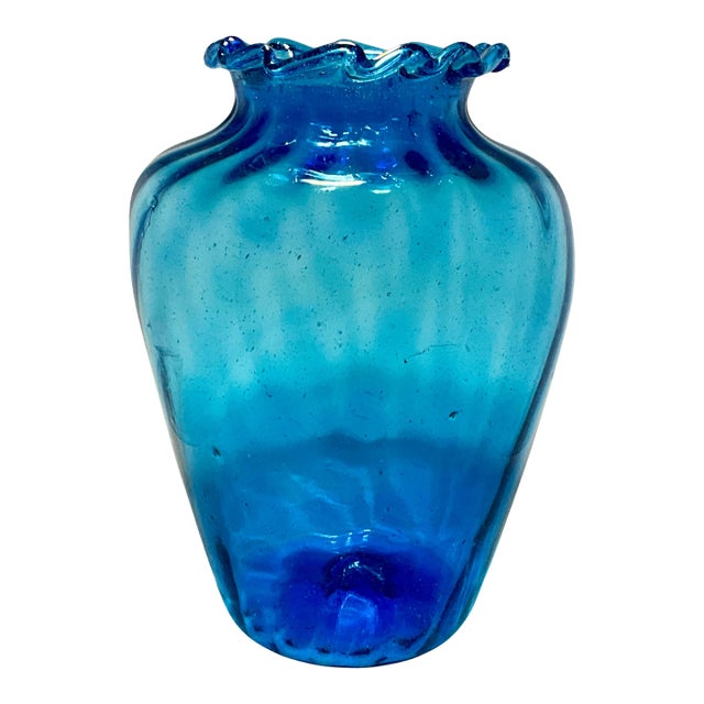 Large Hand-Blown Blue Glass Vase 13.5” For Sale