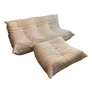 Ligne Roset Togo Settee and Footstool in Alcantara Eggshell For Sale