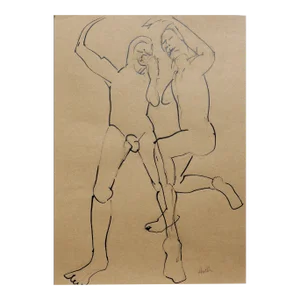 "Happy, Joyful Dancers" Contemporary Modernist Figurative Ink on Paper Drawing by Martha Holden