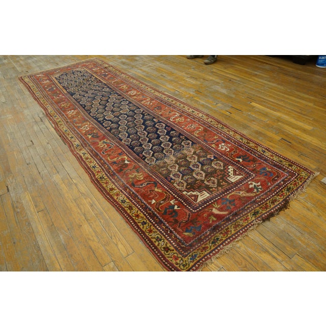 1930s Blue Navy Paisley Tribal Antique W. Persian Kurdish Rug 3'10" X 12'2" Handknotted Wool Carpet For Sale - Image 9 of 16