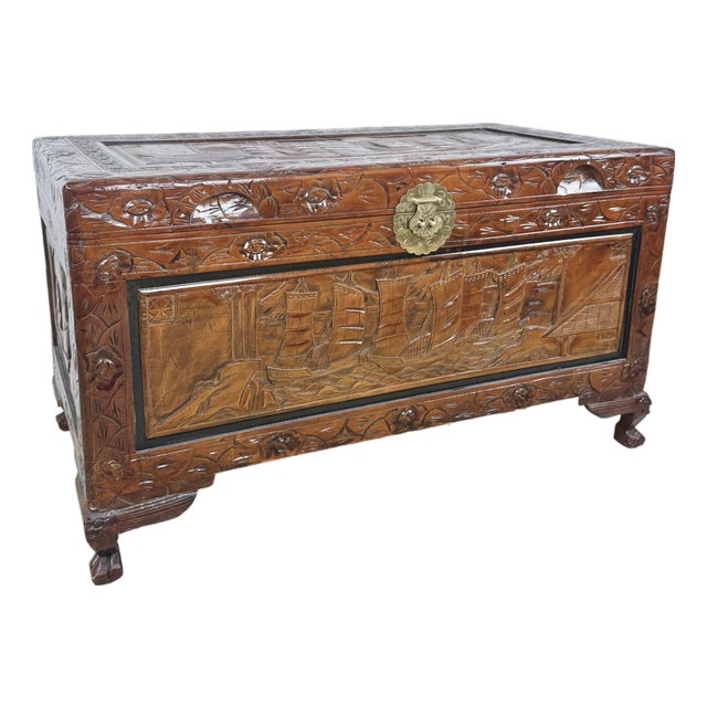 Vintage Asian Carved Wood Storage Chest With Figural Relief Panels For Sale