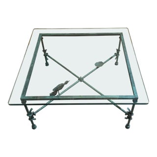1980s Verdigris Iron & Glass Coffee Table, Style of Giacometti, 42" Square For Sale