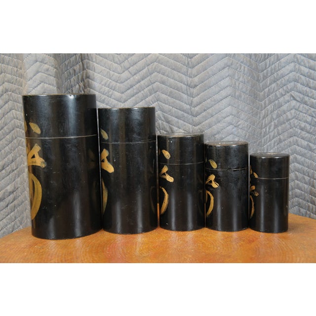 Set of 5 Mid-Century Tin Japanese Nesting Tea Caddy Coffee Canisters Kanji Jars For Sale - Image 9 of 12