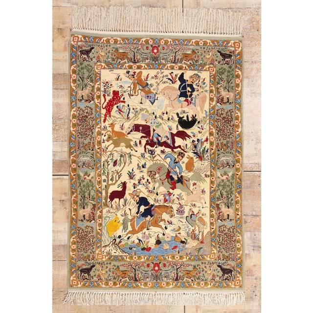 Vintage Persian Hunting Scene Isfahan Rug - 03'07 X 05'02 For Sale - Image 10 of 10