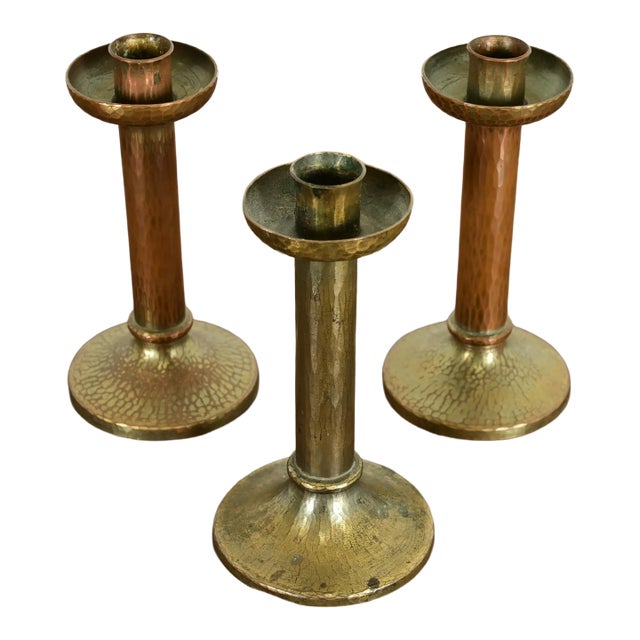 Roycroft Arts & Crafts Brass Finished Hammered Copper Candlesticks, Set of Three For Sale
