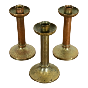 Roycroft Arts & Crafts Brass Finished Hammered Copper Candlesticks, Set of Three