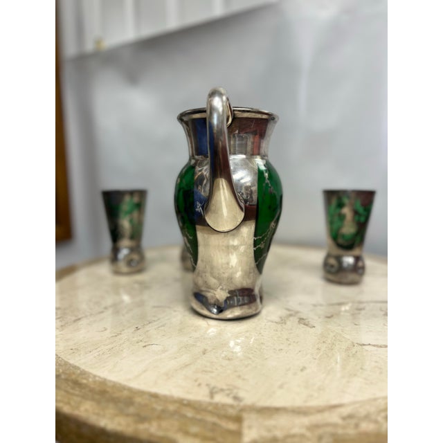 Murano 1950’s Murano Style Green Glassware and Pitcher With Silver Overlay - a Set of 4 For Sale - Image 4 of 8