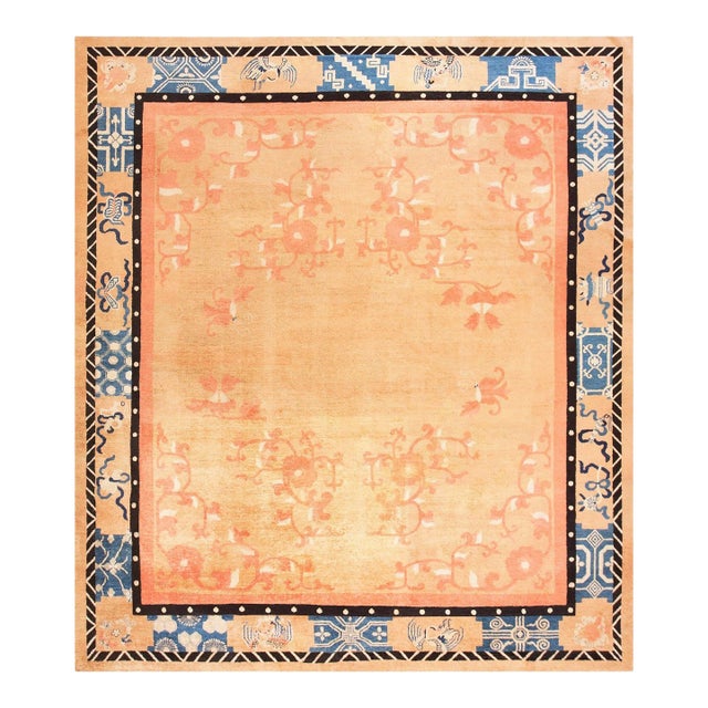 Outstanding Orange-Amber Open Field With Asymmetric Details in a Floral Pattern Antique Chinese Peking Rug For Sale