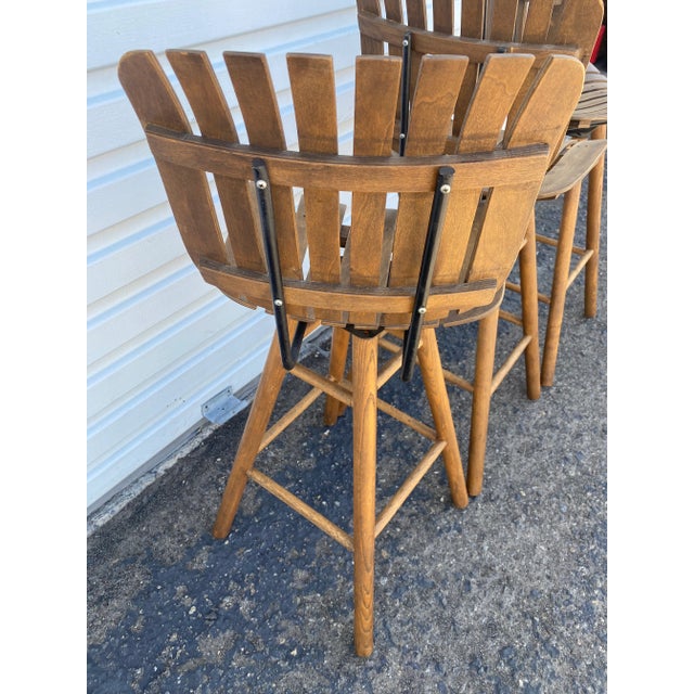 1950s 1950s Swivel Counter Stools Wood Slat in the Style of Arthur Umanoff- Set of 3 For Sale - Image 5 of 7