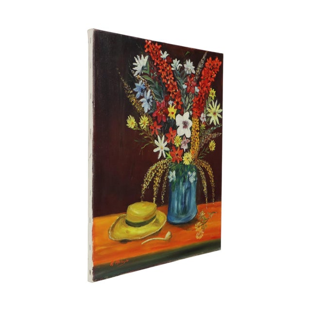 Colorful large floral still life on canvas, painting of a flower bouquet in a blue vase, painted in a classical style,...