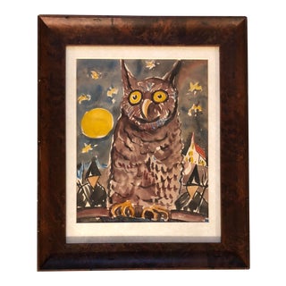 Original Vintage Fun Owl Night Watercolor Painting For Sale