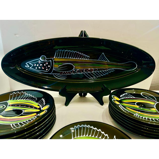 French Robert Picault Black Glazed Ceramic Fish Vallauris Set 15 Pieces For Sale - Image 13 of 13