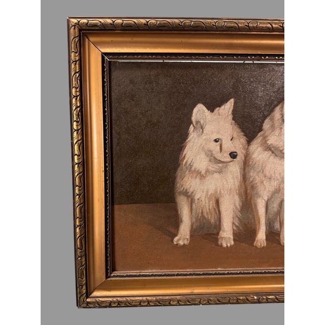 Antique Gold Framed Still Life Portrait of 2 Dogs Signed Oil Painting On Canvas In an old gold painted frame that has some...