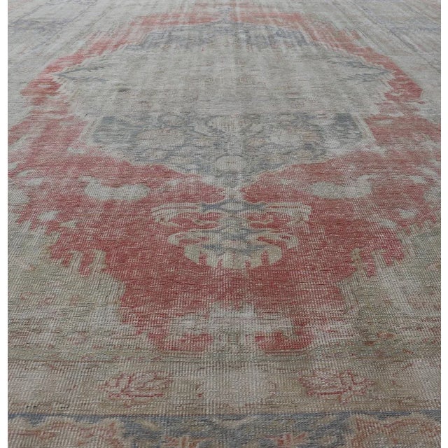 Antique Hand Knotted Turkish Oushak With Large Medallion in Off White and Coral 9'7 X 13'7 For Sale - Image 4 of 12