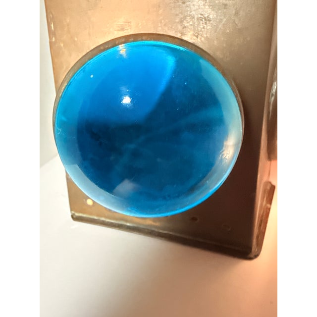 Antique Brass Three-Lens Nautical Navigation Oil Lantern With Red Blue & Clear Lens For Sale - Image 4 of 12