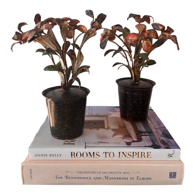 Precious pair of 1940s tole painted metal flower pots. “Italy” metal tags still attached to each. Wonderful color that has...