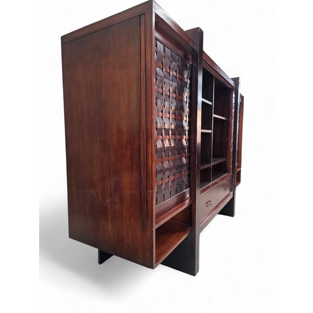 Mid-Century Modern Vintage Modern Mahogany Media Console With Sliding Woven Doors by South Cone For Sale - Image 3 of 8