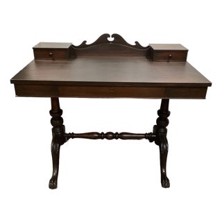 1800’s Antique Art Nouveau Victorian Solid Walnut Desk Carved Feet Excellent Brown With Letter Holder For Sale