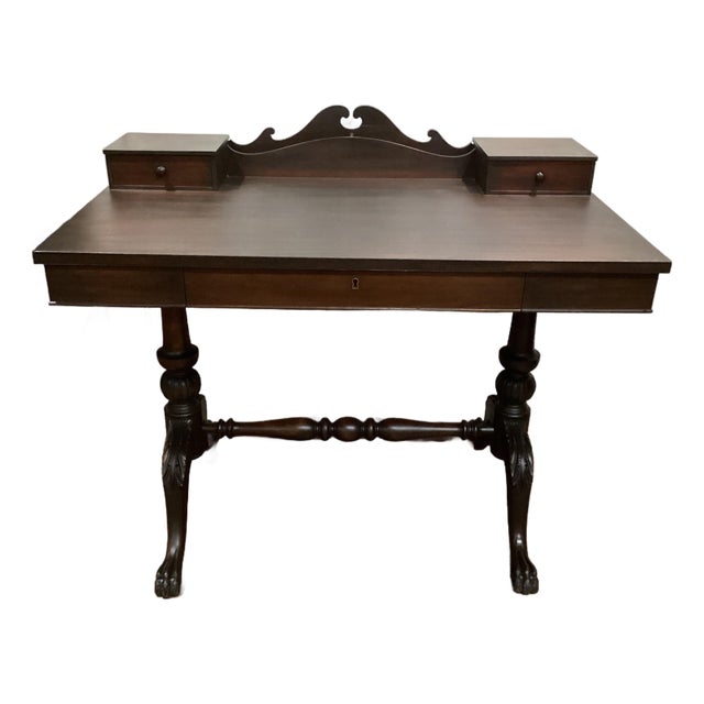 1800’s Antique Art Nouveau Victorian Solid Walnut Desk Carved Feet Excellent Brown With Letter Holder For Sale