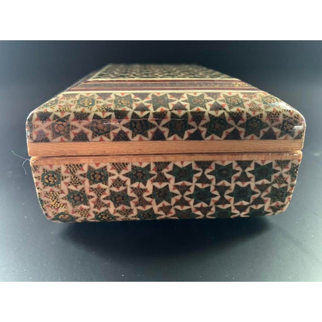 Persian Geometric Inlay Khatamkari Wood Trinket Box Lidded Rectangle For Sale - Image 4 of 9