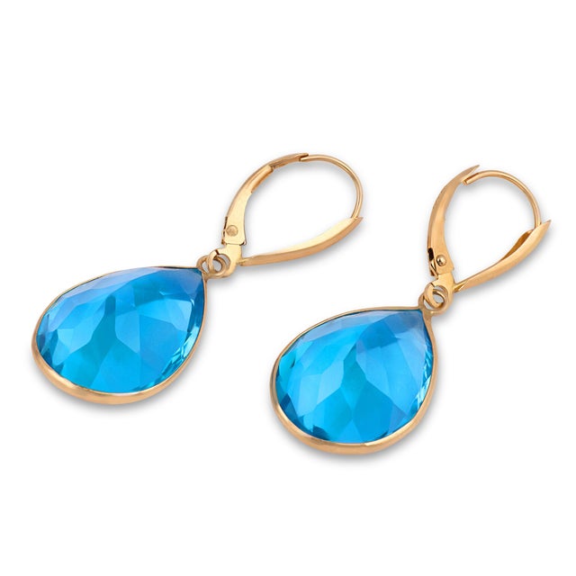 Contemporary Vintage 25.20 Carat Blue Topaz 14k Yellow Gold Drop Earrings, A Pair For Sale - Image 3 of 5