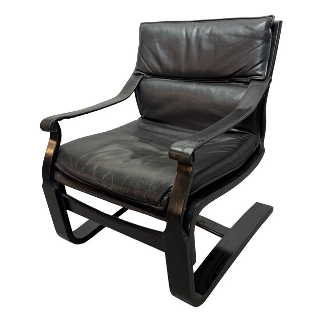 Mid-Century Black Leather Armchairs with Black Lacquered Wooden Frames by Åke Fribytter for Nelo, Sweden, 1970s, Set of 2 For Sale