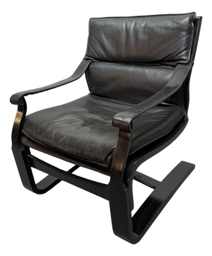 Mid-Century Black Leather Armchairs with Black Lacquered Wooden Frames by Åke Fribytter for Nelo, Sweden, 1970s, Set of 2
