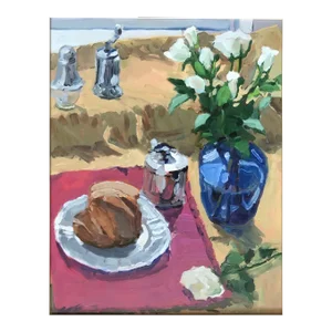 Still Life Painting With White Roses, Blue Glass, and Silver