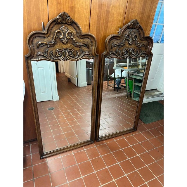 Hollywood Regency Pair of Elaborately Carved Wooden Mirrors For Sale - Image 3 of 15