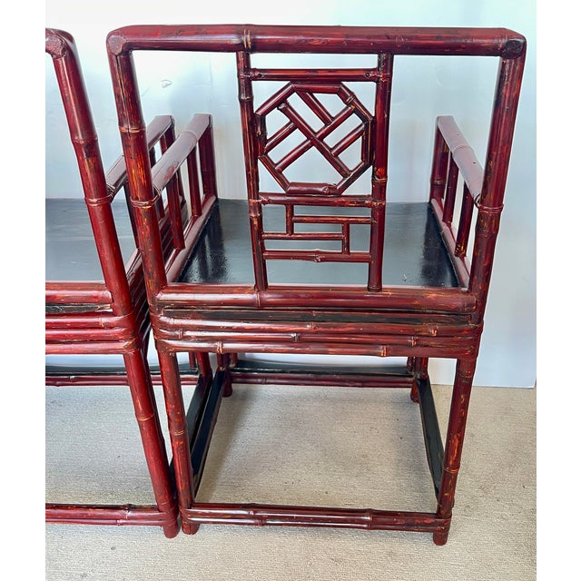 Antique Qing Dynasty Chinoiserie Fretwork Bamboo Rose Chairs a-Pair For Sale - Image 13 of 17