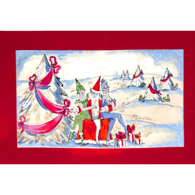 Lanvin of Paris C1950s Watercolor ‘Santa With Two ‘Glam’ Elves on His Lap' For Sale