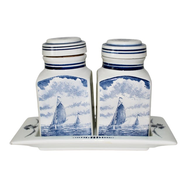 Vintage Delft Blue & White Jars & Tray Set- 3 Pieces For Sale